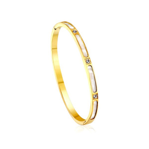 Elegant Gold Bangle Bracelet with White Inlays & Stones