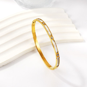 Elegant Gold Bangle Bracelet with White Inlays & Stones