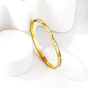 Elegant Gold Bangle Bracelet with White Inlays & Stones