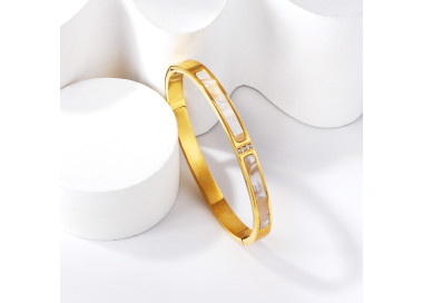 Elegant Gold-Toned Bangle Bracelet with Mother-of-Pearl Inlay