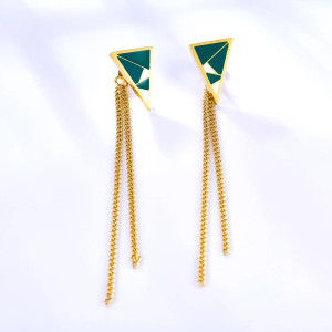 Geometric Gold Dangle Earrings with Green & White Enamel