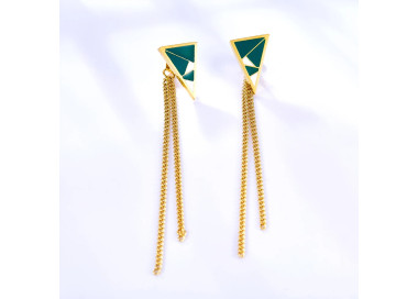 Geometric Gold Dangle Earrings with Green & White Enamel