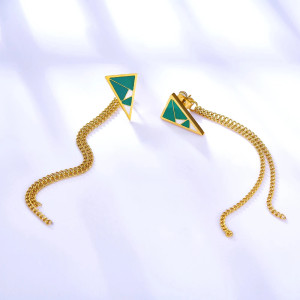 Geometric Gold Dangle Earrings with Green & White Enamel