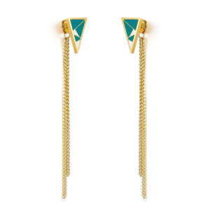 Geometric Gold Dangle Earrings with Green & White Enamel