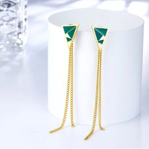 Geometric Gold Dangle Earrings with Green & White Enamel