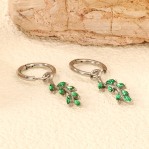 Elegant Leaf Hoop Earrings with Green Stones - Shop Now!