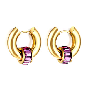 Gold Plated Hoop Earrings with Purple Gemstone Accent