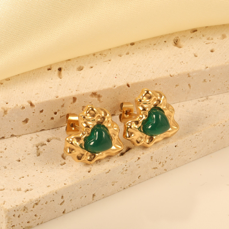 Artistic Gold & Green Heart Earrings - Statement Jewelry