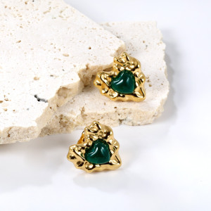 Artistic Gold & Green Heart Earrings - Statement Jewelry