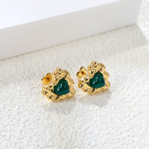 Artistic Gold & Green Heart Earrings - Statement Jewelry