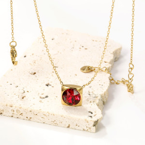 Elegant Red Stone Pendant Necklace in Gold-Tone Finish