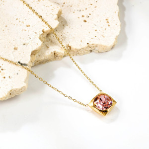 Modern Minimalist Square Pendant Necklace with Pink Crystal