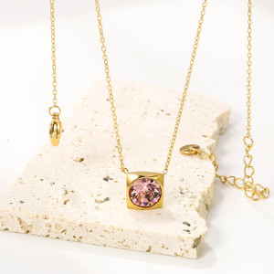 Modern Minimalist Square Pendant Necklace with Pink Crystal