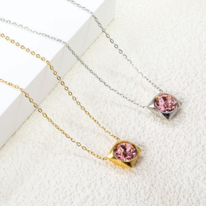 Modern Minimalist Square Pendant Necklace with Pink Crystal