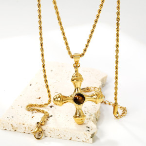 Gold-Toned Cross Pendant Necklace with Tiger's Eye Gemstone