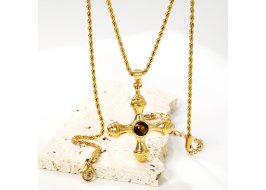 Gold-Toned Cross Pendant Necklace with Tiger's Eye Gemstone