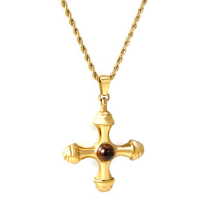 Gold-Toned Cross Pendant Necklace with Tiger's Eye Gemstone