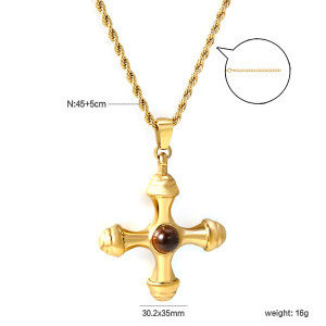 Gold-Toned Cross Pendant Necklace with Tiger's Eye Gemstone