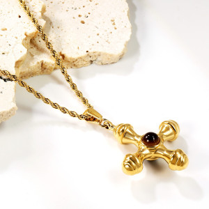 Gold-Toned Cross Pendant Necklace with Tiger's Eye Gemstone