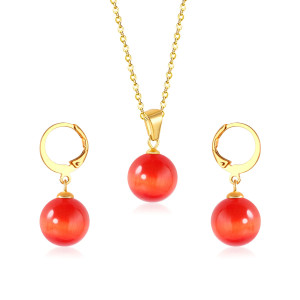 Elegant Red Bead Jewelry Set: Necklace & Earrings