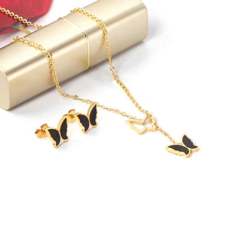 Black Gold Butterfly Necklace Earrings Set