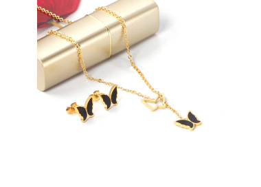 Black Gold Butterfly Necklace Earrings Set