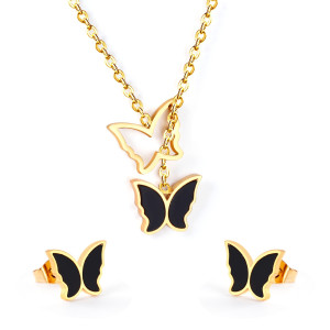 Black Gold Butterfly Necklace Earrings Set