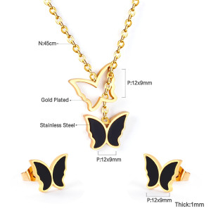 Black Gold Butterfly Necklace Earrings Set