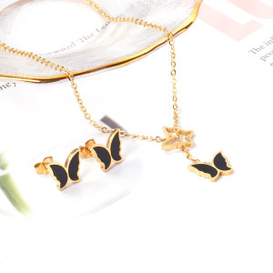 Black Gold Butterfly Necklace Earrings Set