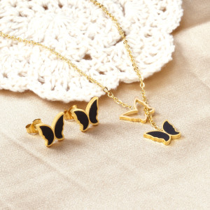 Black Gold Butterfly Necklace Earrings Set