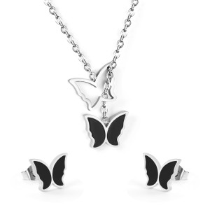 Black Silver Butterfly Necklace Earrings Set