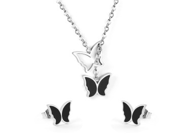 Black Silver Butterfly Necklace Earrings Set