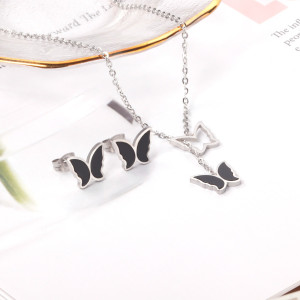 Black Silver Butterfly Necklace Earrings Set