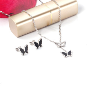 Black Silver Butterfly Necklace Earrings Set