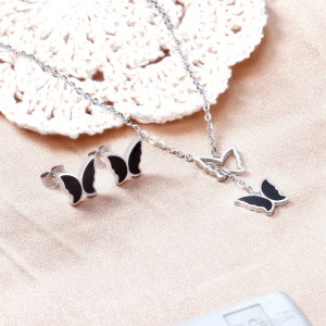 Black Silver Butterfly Necklace Earrings Set