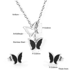 Black Silver Butterfly Necklace Earrings Set