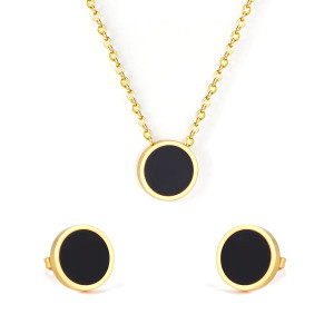 Black Gold Round Pendant Necklace & Earrings Set - Elegant Jewelry Decor