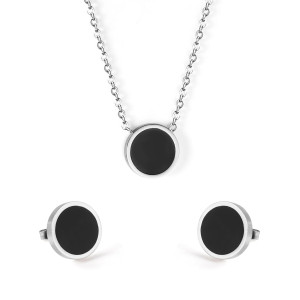 Black Silver Round Pendant Necklace & Earrings Set