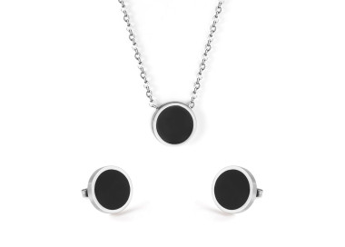 Black Silver Round Pendant Necklace & Earrings Set