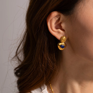 Elegant Gold-Toned Earrings with Blue Gemstone Inlay