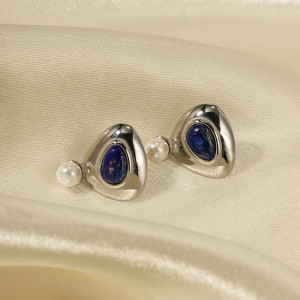 Elegant Asymmetric Earrings with Lapis Lazuli & Pearl