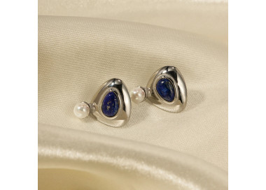 Elegant Asymmetric Earrings with Lapis Lazuli & Pearl