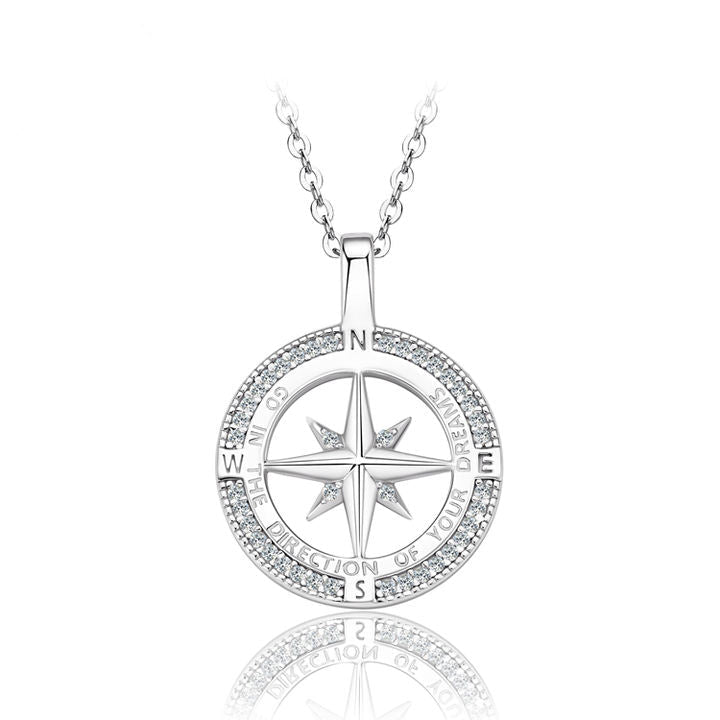 Unique Designed 925 Sterling Silver Pave Round 1.0mm Cubic Zirconia CZ Ladies Compass Pendant Necklace