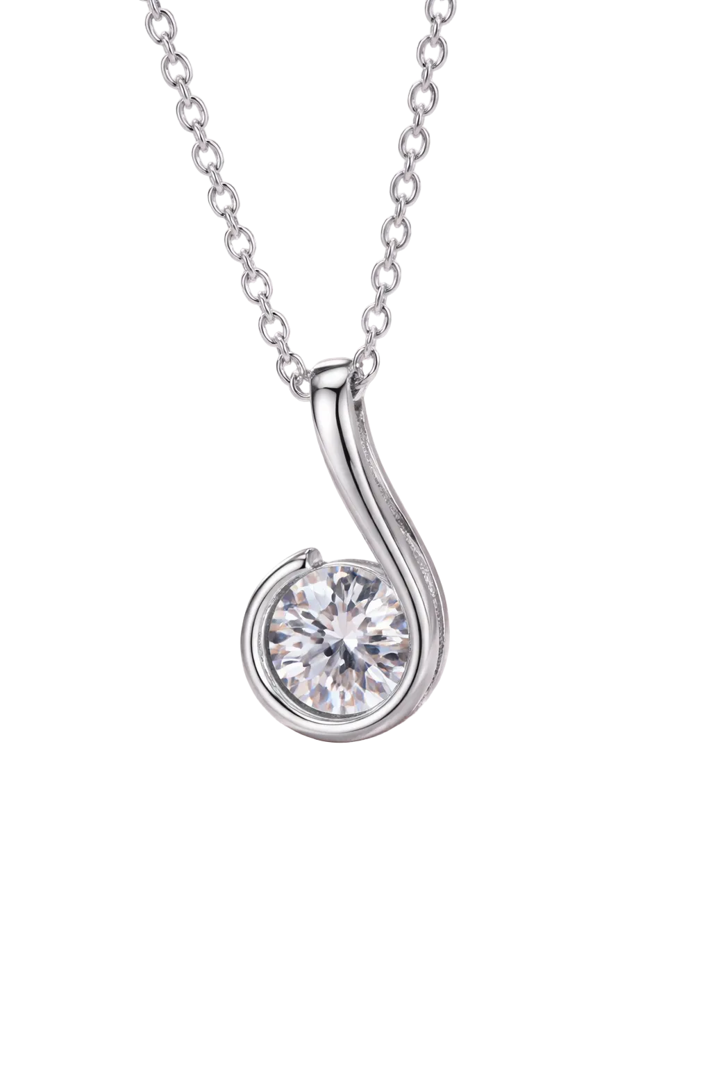 White Gold 925 sterling silver necklace with round moissanite stone in minimal modern curved design
