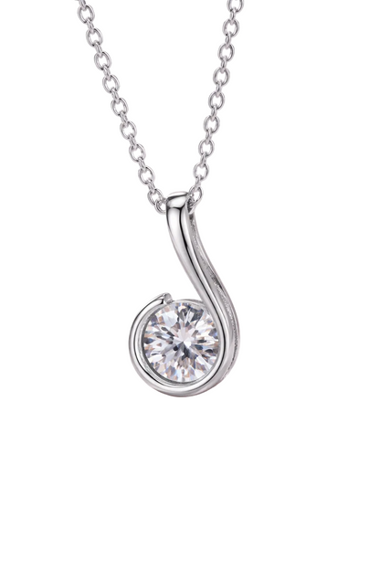 White Gold 925 sterling silver necklace with round moissanite stone in minimal modern curved design